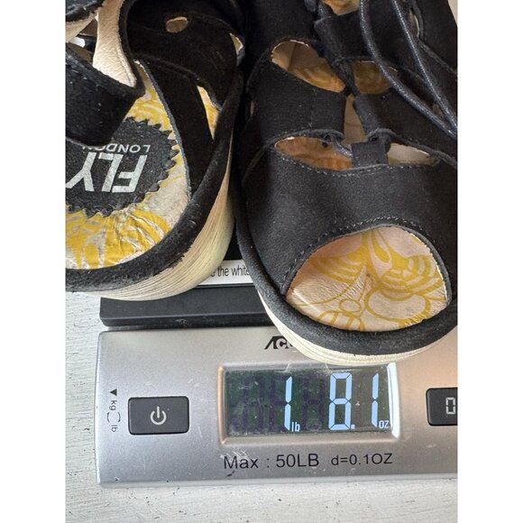 Fly London Yexa Black Leather Lace Up Gladiator Wedge Sandals Sz 9 Boho Festival - Picture 8 of 8